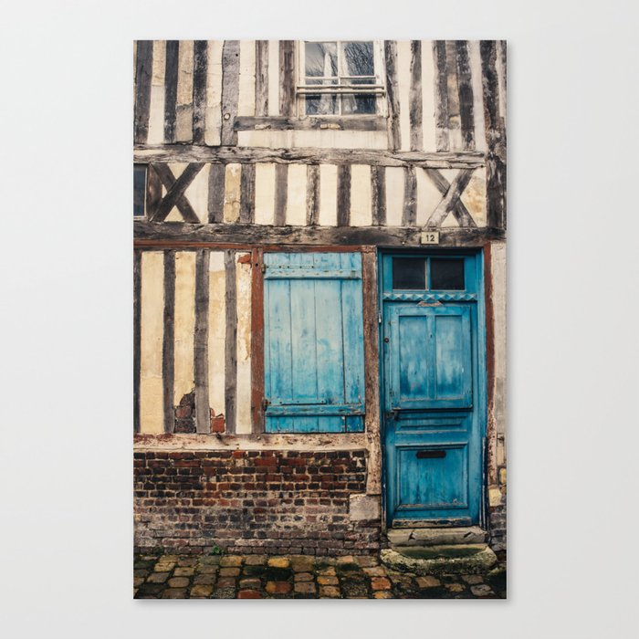 Blue Door in Old French House - Medieval Facade Architecture - France Travel Photography Canvas Print