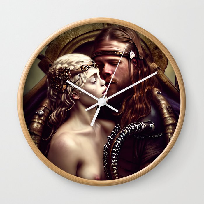 A naked princess and a steampunk viking kissing on the throne. Wall Clock