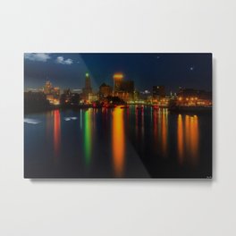 Providence Summer Nights City Skyline Landscape by Jeanpaul Ferro and Mike Dooley Metal Print | Summernights, Waterfire, Jeanpaulferro, Providenceplace, Neonlights, Landscape, Cityscape, Curated, Skyscrapers, Skyline 