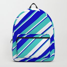 [ Thumbnail: Turquoise, White, and Blue Colored Striped/Lined Pattern Backpack ]