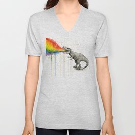 T-Rex Dinosaur Vomits Rainbow V Neck T Shirt