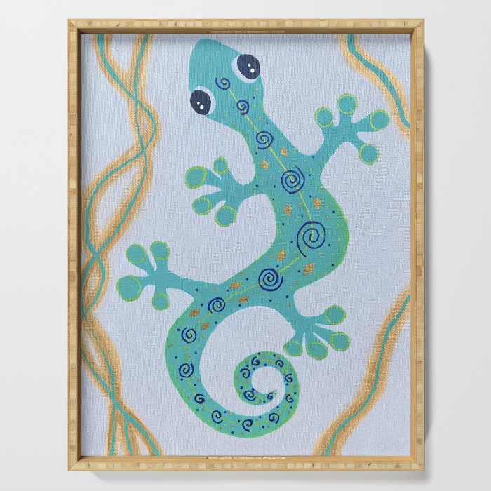 Teal & Gold Gecko ~ photo original painting Serving Tray