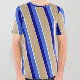 [ Thumbnail: Royal Blue, Dark Blue, Tan & Light Cyan Colored Stripes/Lines Pattern All Over Graphic Tee ]