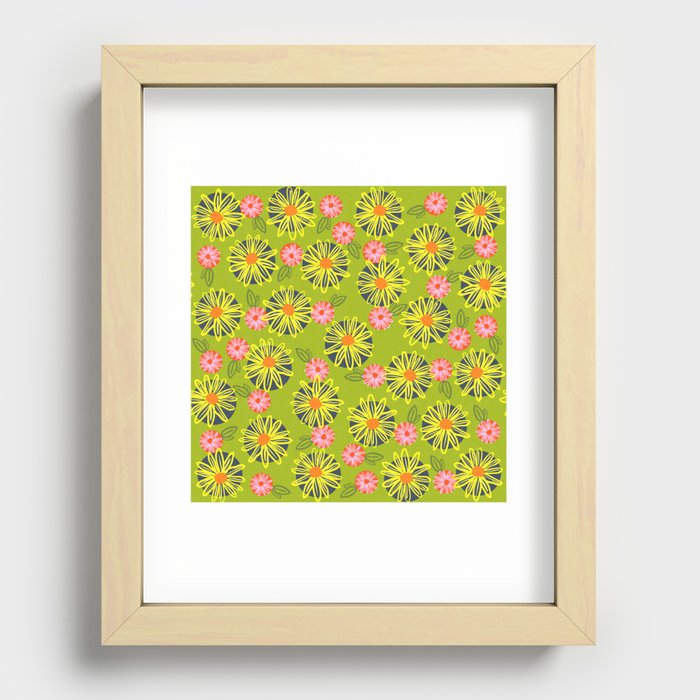 Retro Modern Inked Wildflowers On Green Recessed Framed Print