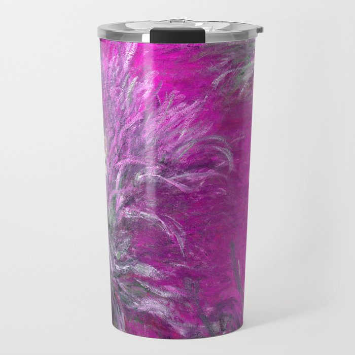 The Path through the Irises floral iris landscape painting by Claude Monet in alternate lavender pink Travel Mug