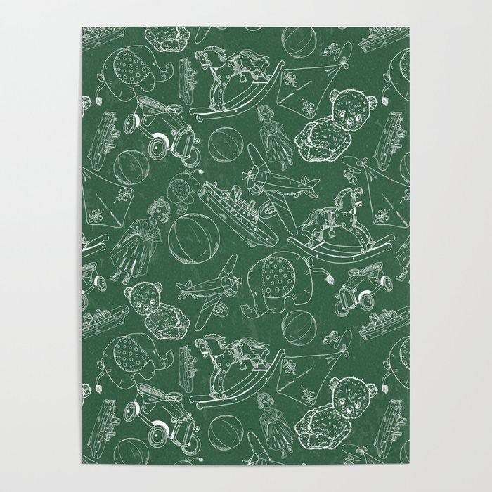 Green Chalk Board With White Children Toys Seamless Pattern    Poster