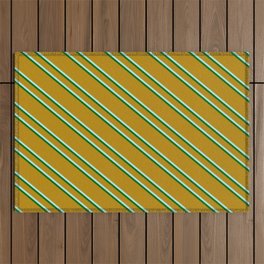 [ Thumbnail: Dark Goldenrod, Turquoise & Dark Green Colored Lines/Stripes Pattern Outdoor Rug ]