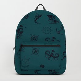 Teal Blue And Blue Silhouettes Of Vintage Nautical Pattern Backpack