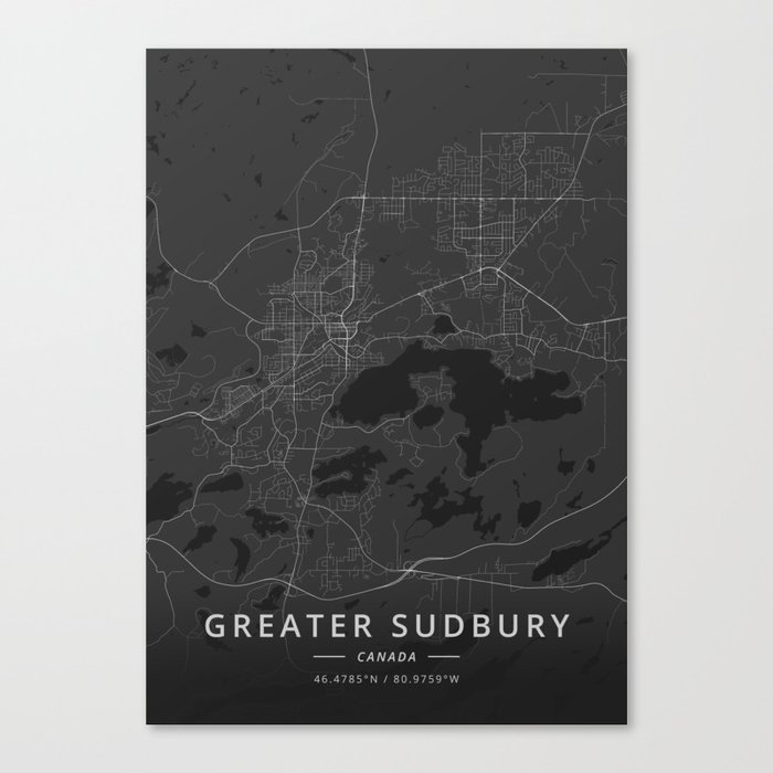 Greater Sudbury, Canada - Dark Map Canvas Print