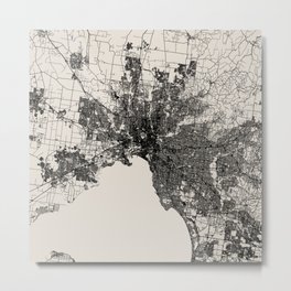 Australia, Melbourne - Black and White Illustrated Map Metal Print