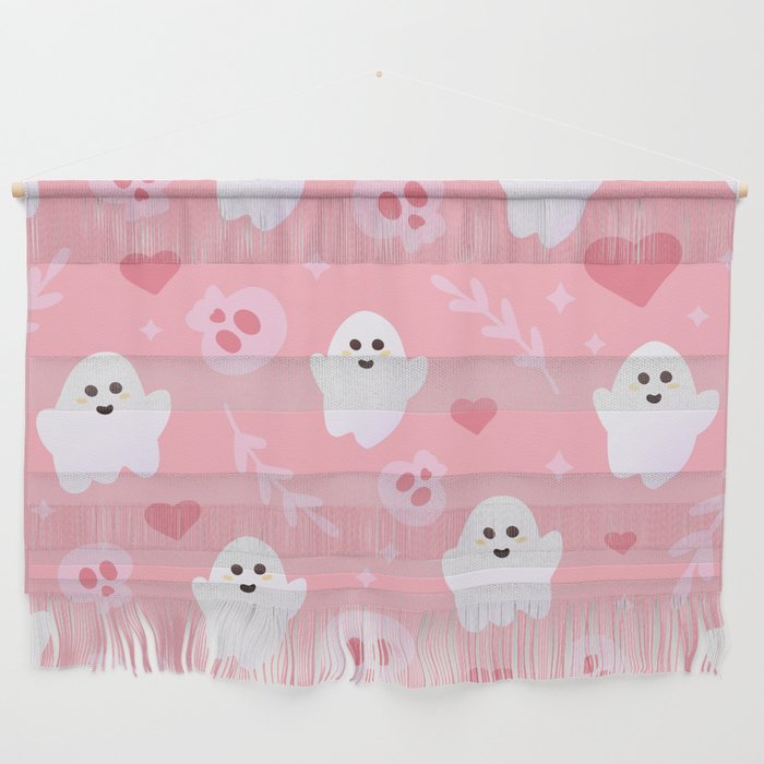Ghost Cute Seamless Pattern in Pink Colours with Skulls, Hearts and Leaves Wall Hanging
