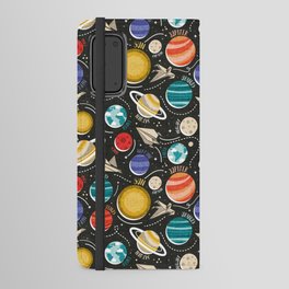 Paper space adventure I // black background multicoloured solar system paper cut planets origami paper spaceships and rockets  Android Wallet Case