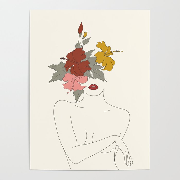 Colorful Thoughts Minimal Line Art Woman with Hibiscus Poster
