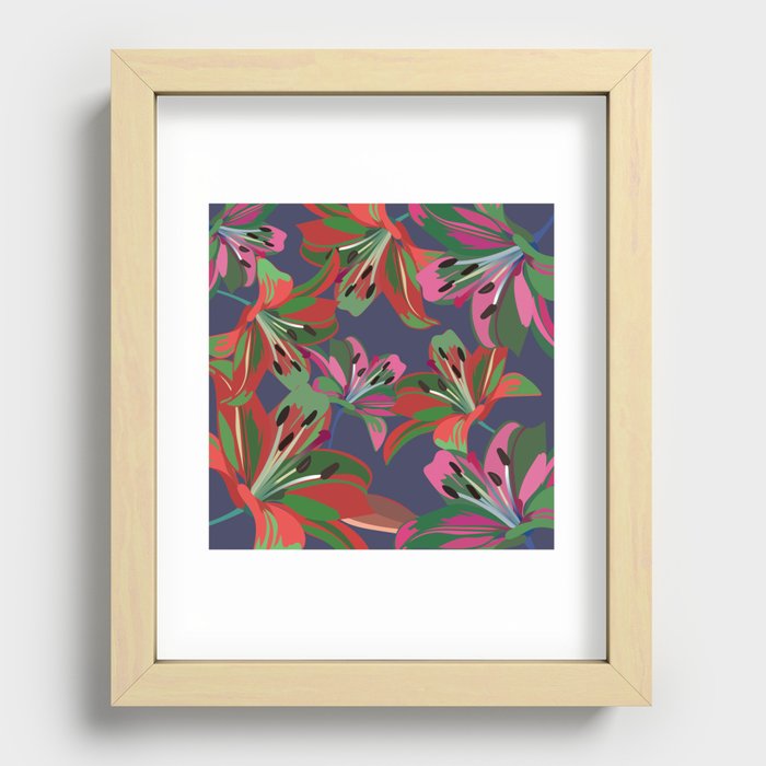 Lily - Pink and Red Floral Bouquet Art Pattern on Dark Blue Recessed Framed Print