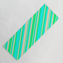 [ Thumbnail: Green, Aqua, and Tan Colored Stripes/Lines Pattern Yoga Mat ]