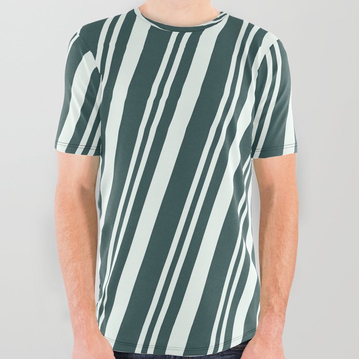 Mint Cream & Dark Slate Gray Colored Pattern of Stripes All Over Graphic Tee