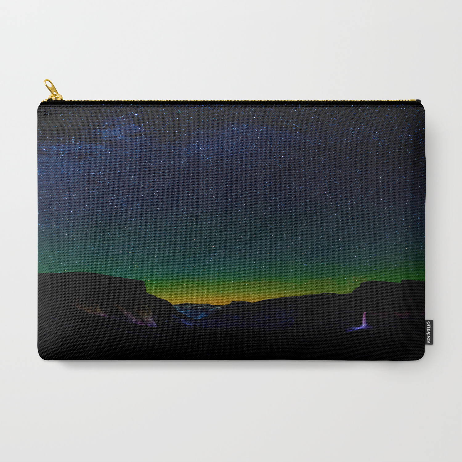 Starry Night Sky Stars Landscape Silhouette Colorful Green Turquoise Sky Ombre Carry All Pouch
