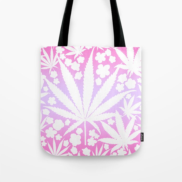 Modern Retro Cannabis And Spring Flowers Pink Purple Haze Ombre Hippy Boho Botanical Leaves Pattern Tote Bag