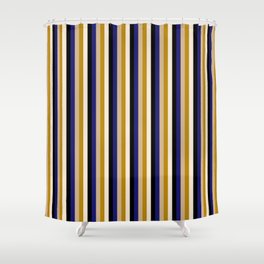 [ Thumbnail: Vibrant Midnight Blue, Tan, Dark Goldenrod, Beige, and Black Colored Lines Pattern Shower Curtain ]