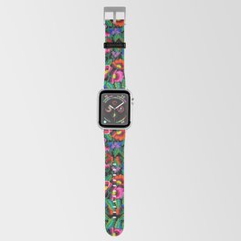 Grandmommy Flowering Bouquet - Poppies Centaurea Violet - Green Leaves - Blossom - Satin Stitch Embroidery - Colorful on Black Apple Watch Band