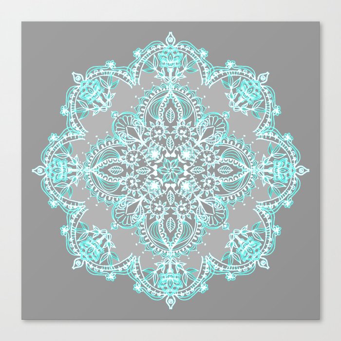 Teal and Aqua Lace Mandala on Grey Canvas Print