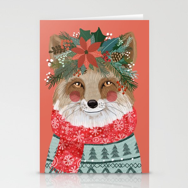 Christmas Fox with Winter floral crown Stationery Cards