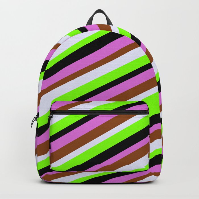 Colorful Orchid, Brown, Lavender, Chartreuse & Black Colored Stripes Pattern Backpack