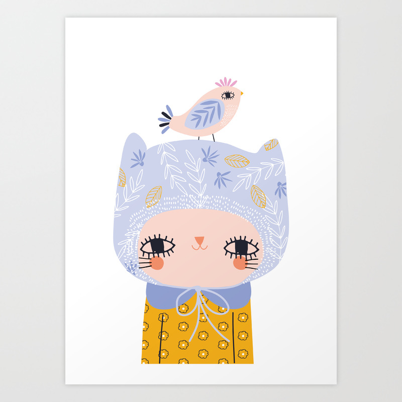 Cute Cat In Floral Hat With Bird Friend Art Print By