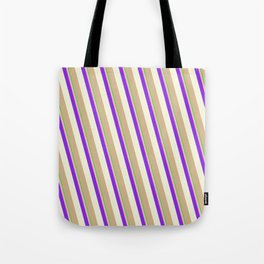 [ Thumbnail: Eye-catching Lime, Light Pink, Purple, Beige & Tan Colored Stripes Pattern Tote Bag ]