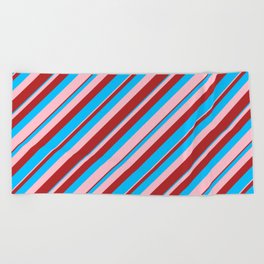 [ Thumbnail: Deep Sky Blue, Pink, and Red Colored Lined/Striped Pattern Beach Towel ]