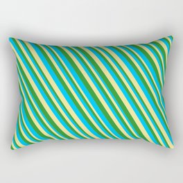 [ Thumbnail: Deep Sky Blue, Tan & Forest Green Colored Striped Pattern Rectangular Pillow ]