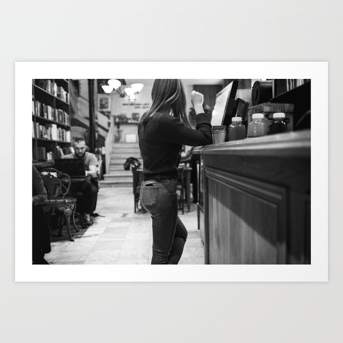 A cafe girl on duty - Black and white fine art photography of a Coffee Shop Art Print