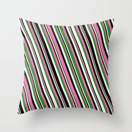 [ Thumbnail: Hot Pink, Forest Green, Mint Cream & Black Colored Stripes Pattern Throw Pillow ]