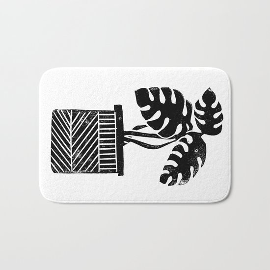 Linocut cheese plant monstera tropical leaf lino print black and white illustration art home dorm Bath Mat
