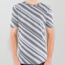 [ Thumbnail: Grey & Lavender Colored Striped Pattern All Over Graphic Tee ]