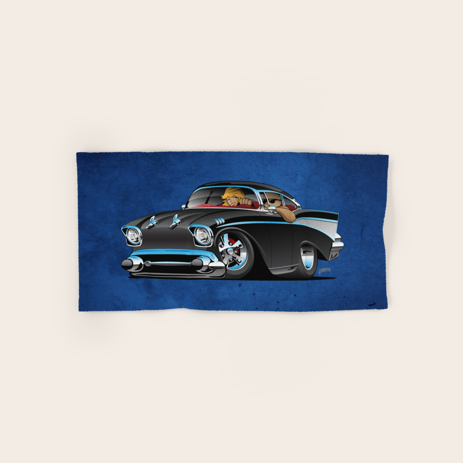 Classic Hot Rod Fifties Muscle Car With Cool Couple Cartoon Hand Bath Towel By Hobrath Society6