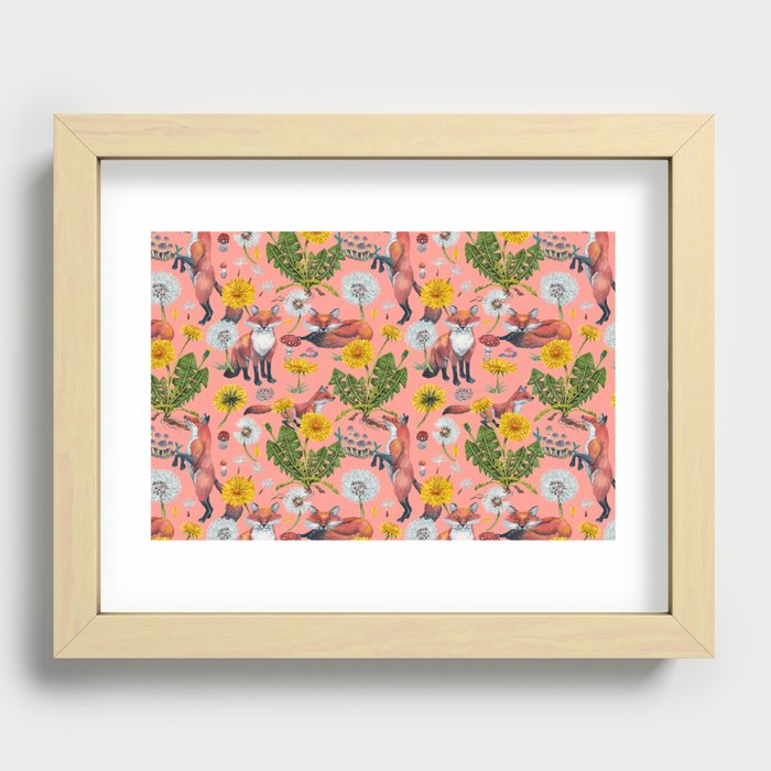 Dandelion Flowers with Foxes - pink Recessed Framed Print