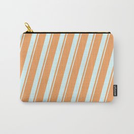 [ Thumbnail: Brown & Light Cyan Colored Lined/Striped Pattern Carry-All Pouch ]