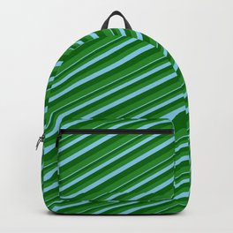 [ Thumbnail: Sky Blue, Dark Green, and Forest Green Colored Lined Pattern Backpack ]