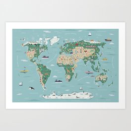 Illustrated World Map with animals, continents and architecture Art Print