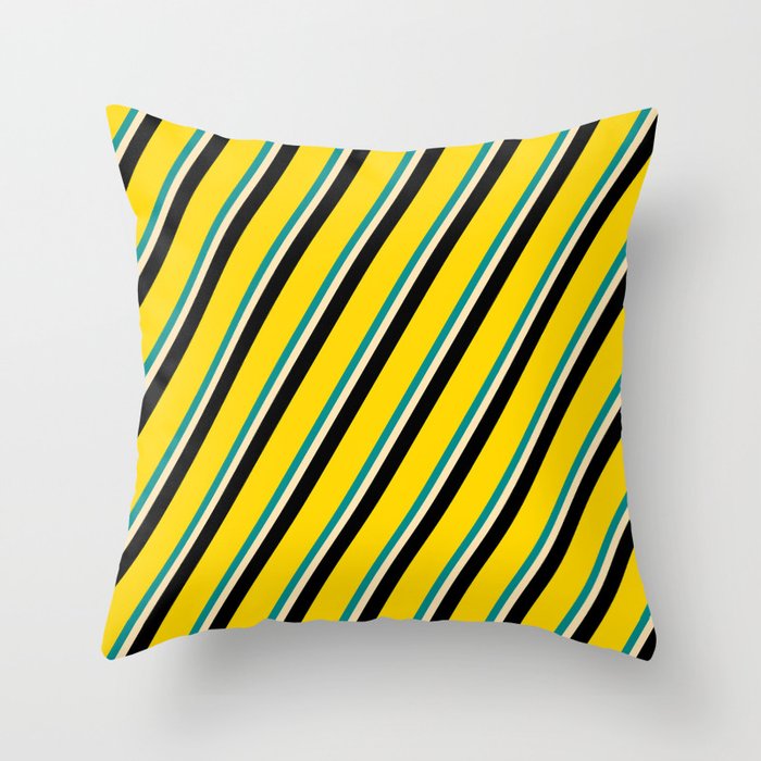 Dark Cyan, Beige, Black & Yellow Colored Stripes/Lines Pattern Throw Pillow