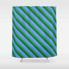 [ Thumbnail: Green and Cornflower Blue Colored Pattern of Stripes Shower Curtain ]
