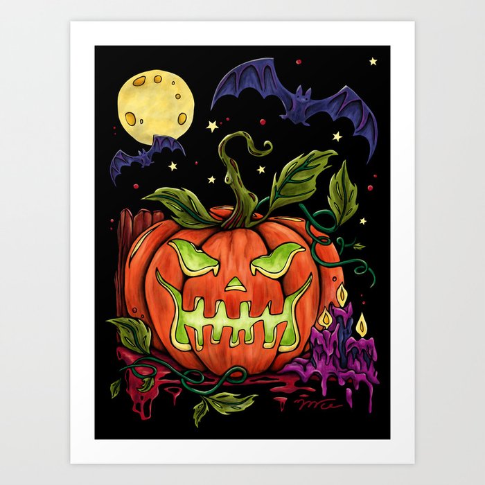 Spooky glowing pumpkin, Bright trick or treat Art Print