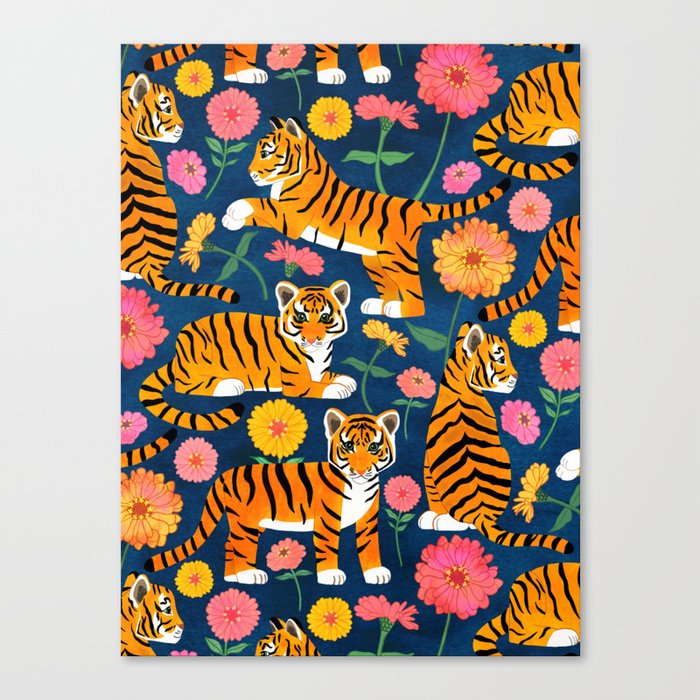 Tiger Cubs and Zinnias Canvas Print