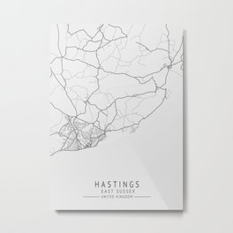 Hastings -  East Sussex UK Gray City Map Metal Print | Cartoon, Oil, Abstract, Stencil, Vector, Digital, Graphicdesign, Pop Art, Hatching, Pattern 