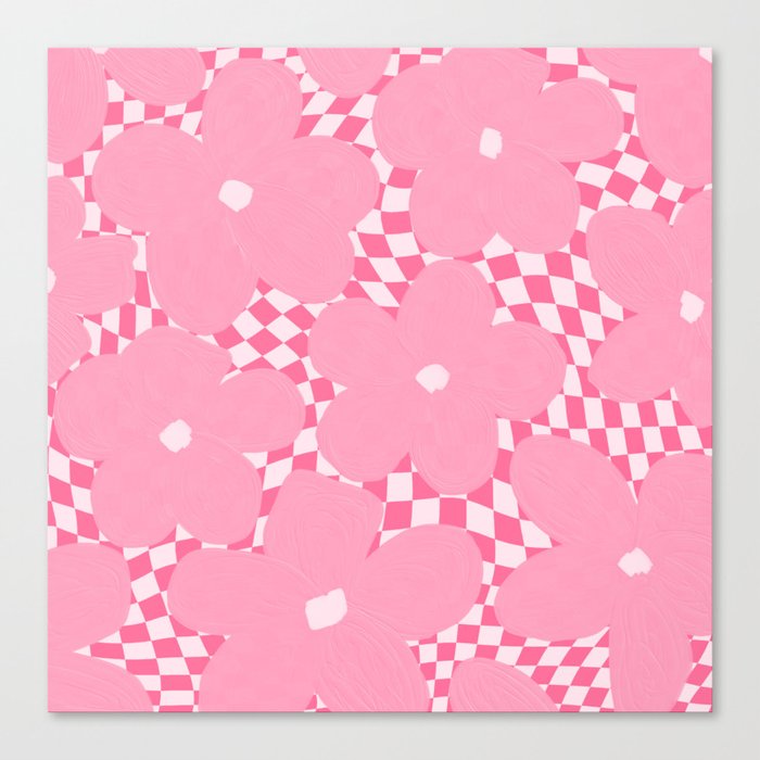 Pastel Pink Flowers on Swirled Gingham Checker  Canvas Print