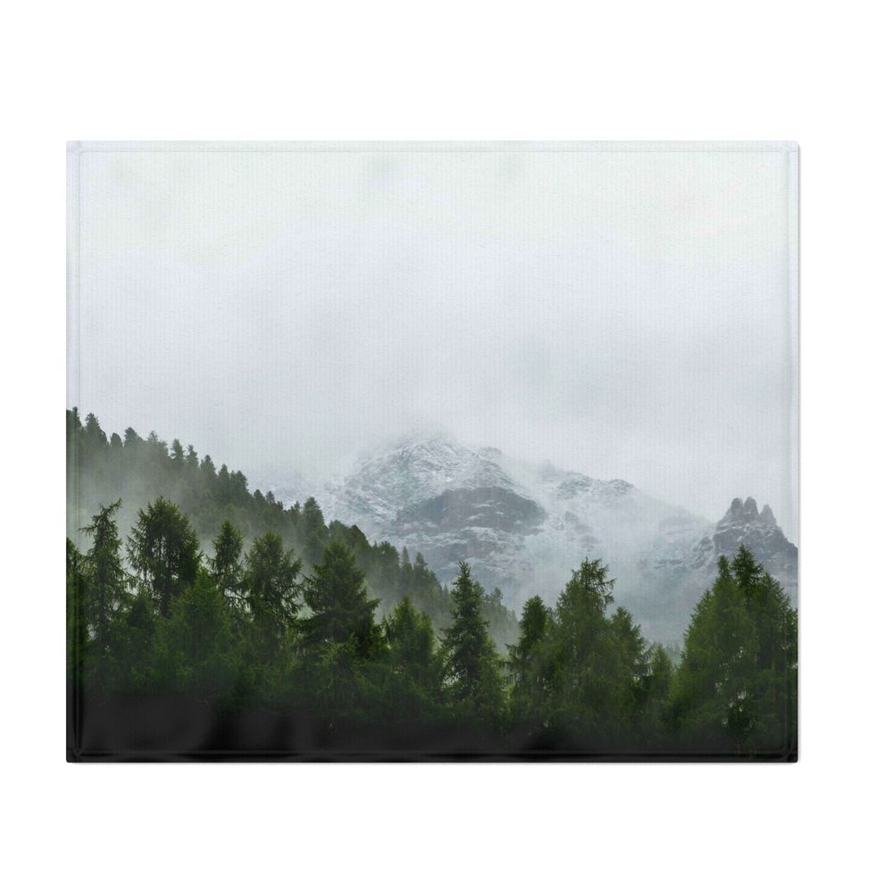 Misty Pine Forest Snow Capped Mountains Throw Blanket by enshape