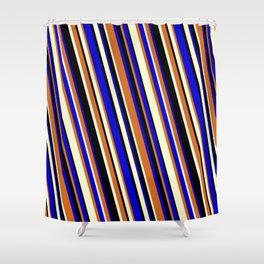 [ Thumbnail: Chocolate, Light Yellow, Black & Blue Colored Lines/Stripes Pattern Shower Curtain ]