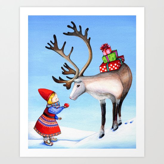 Reindeer and Little Girl Art Print