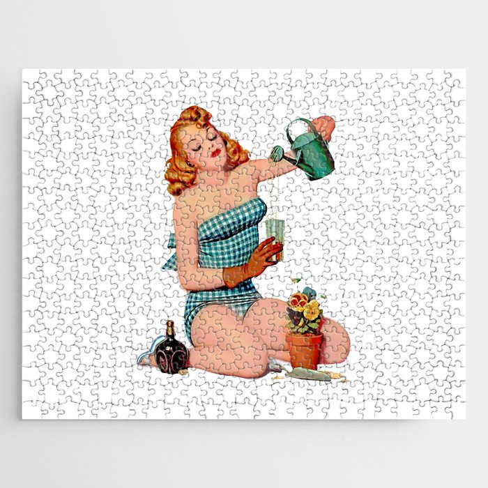 Red Sexy Pinup With Watering Can For Garden Jigsaw Puzzle